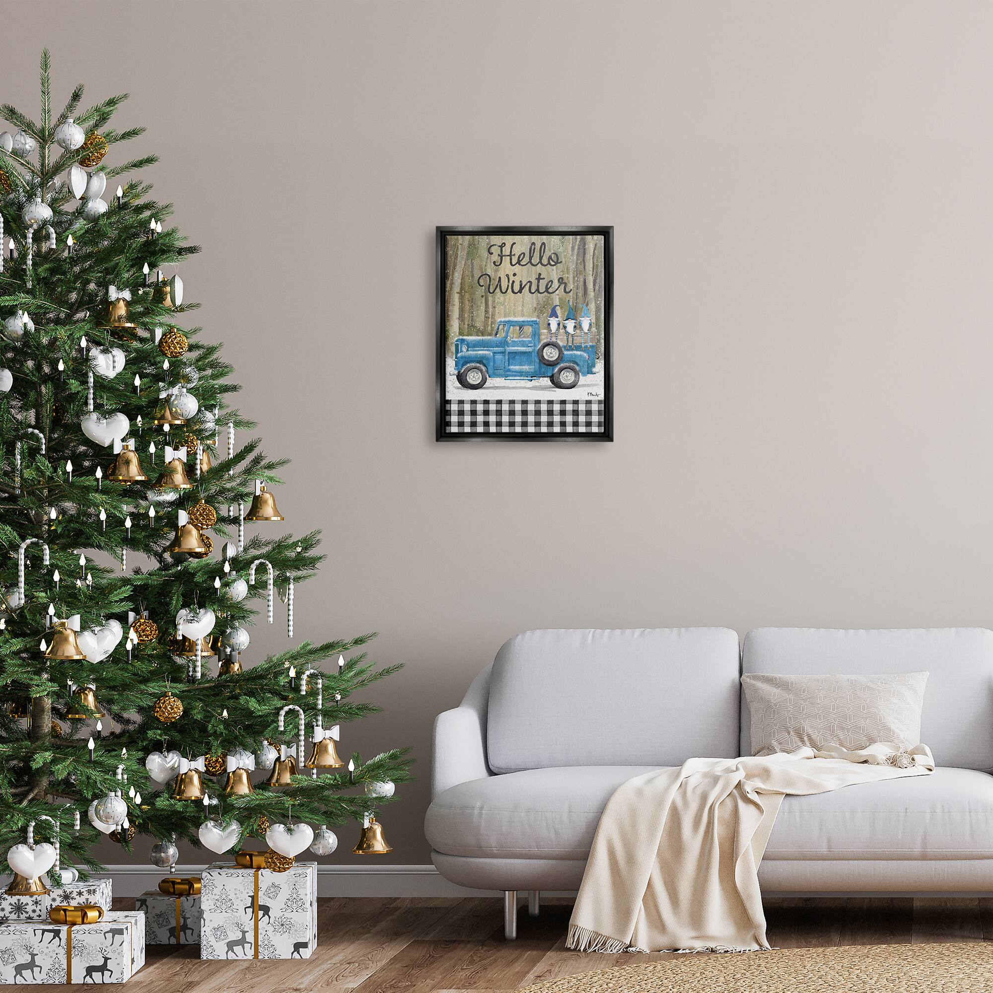 Stupell Industries Hello Winter Plaid Gnomes Framed Floater Canvas Wall Art